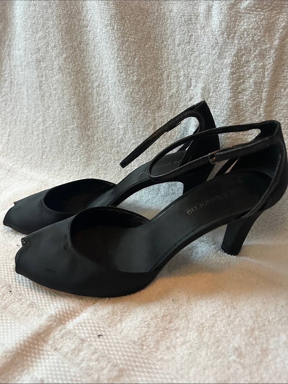 Liz Claiborne Black Satin Peep-Toe Slingback Heels